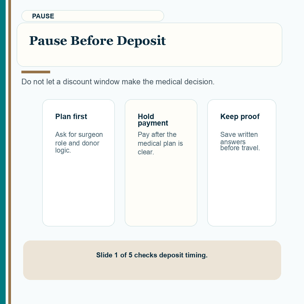 Carousel slide about pause before deposit before booking with a low Turkey hair transplant budget.