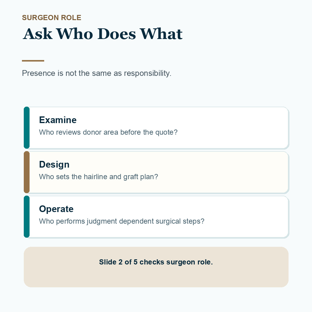 Carousel slide about ask who does what before booking with a low Turkey hair transplant budget.