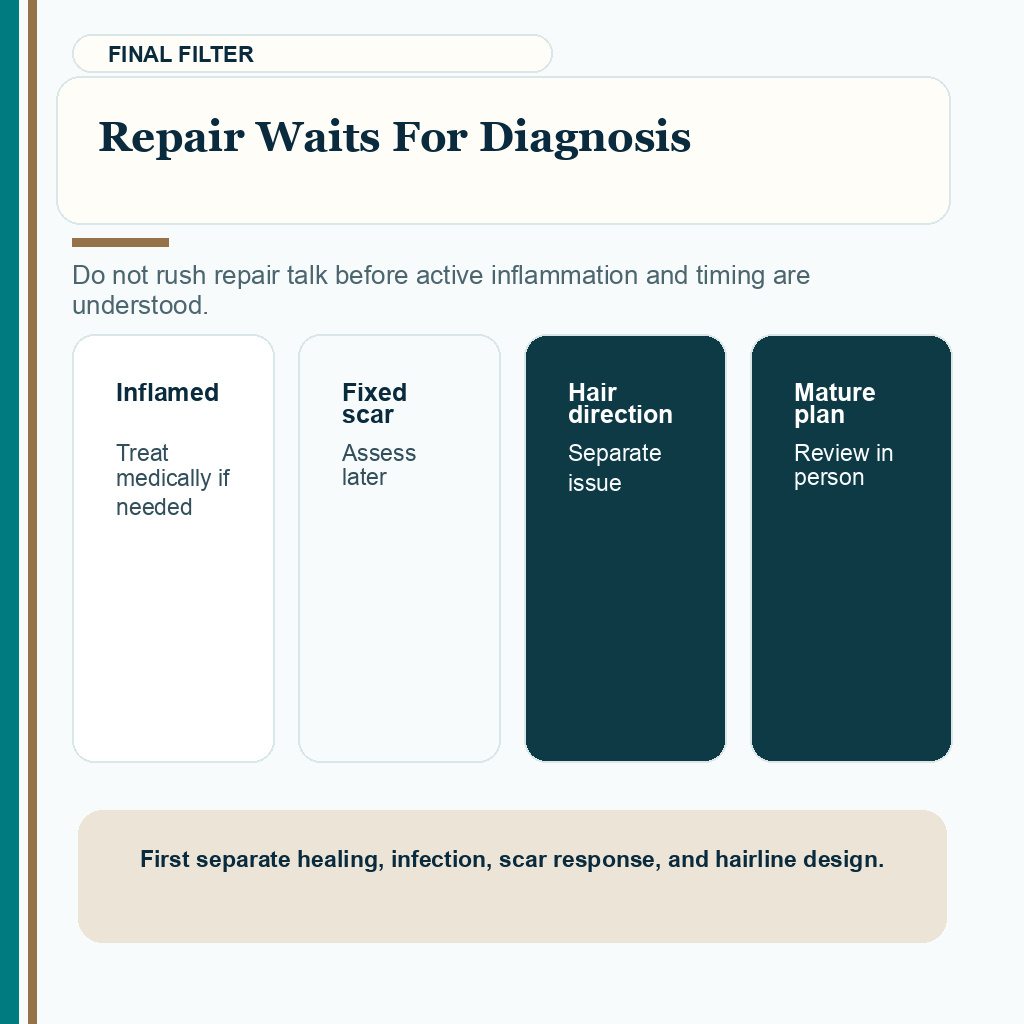 Bumpy hairline after hair transplant slide explaining repair waits for diagnosis