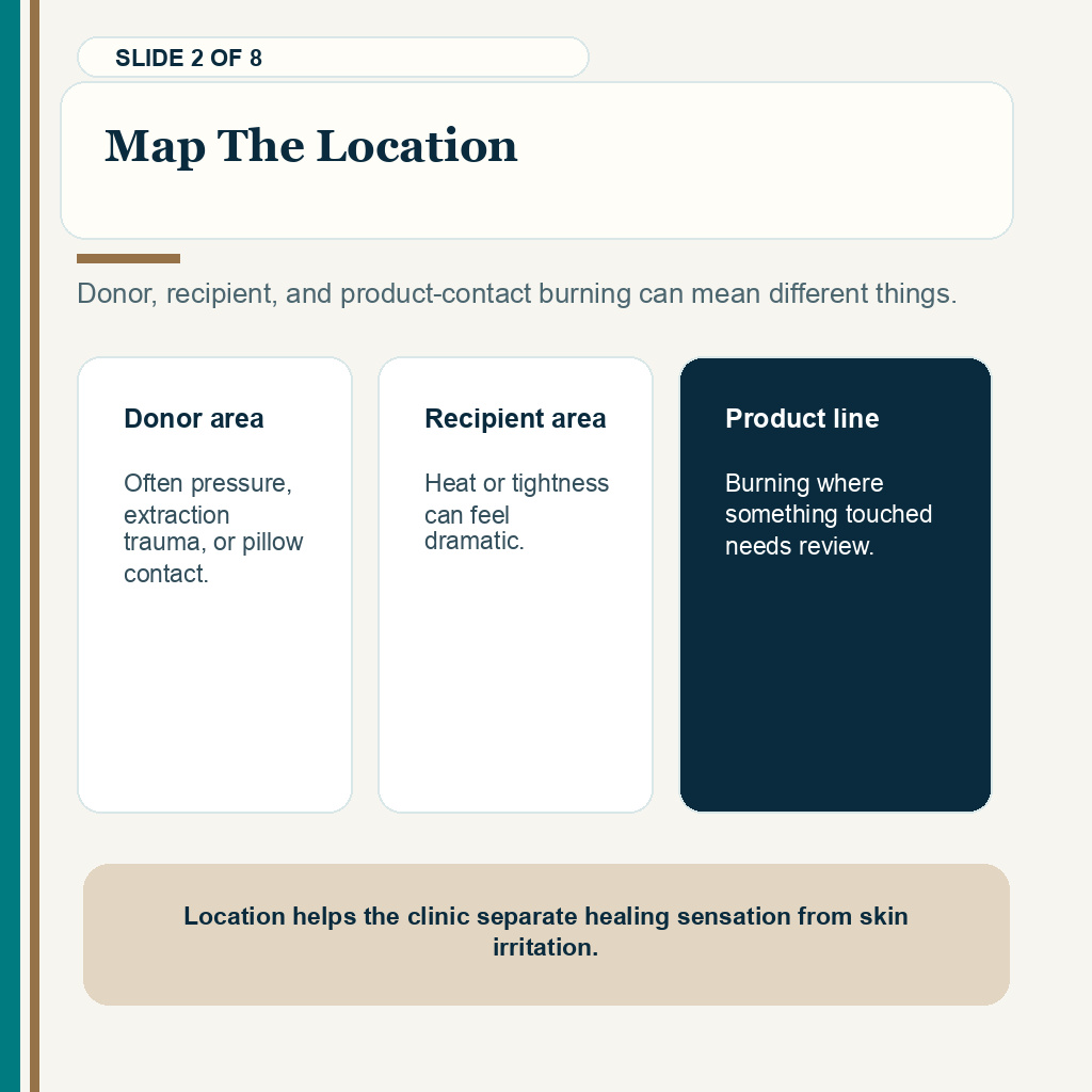 Map the location for burning scalp after hair transplant recovery.