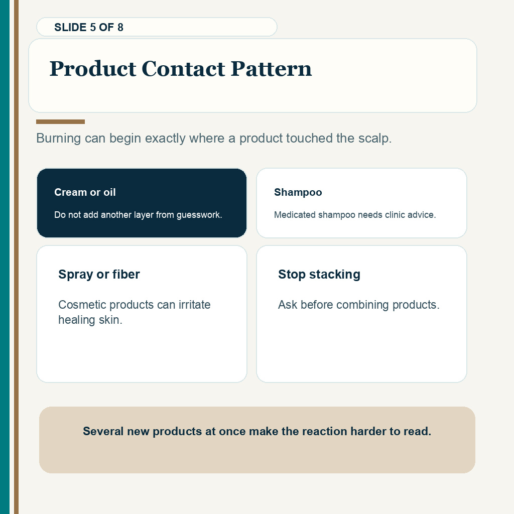 Product contact pattern for burning scalp after hair transplant recovery.
