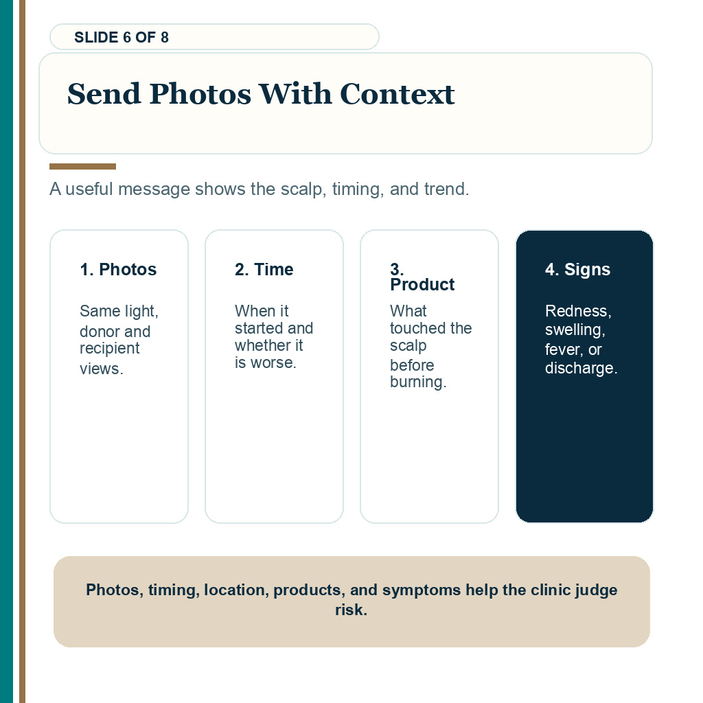 Send photos with context for burning scalp after hair transplant recovery.
