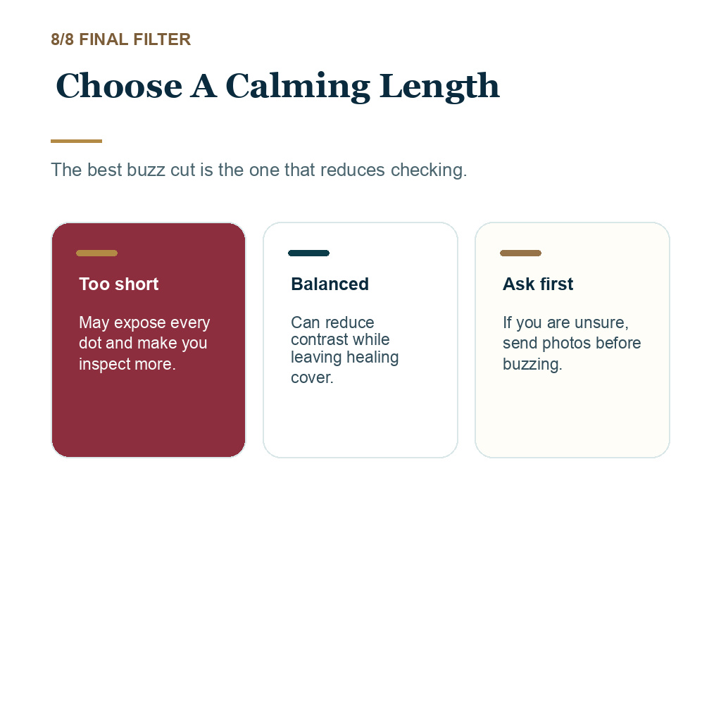 Buzz cut after hair transplant, choose a calming length.