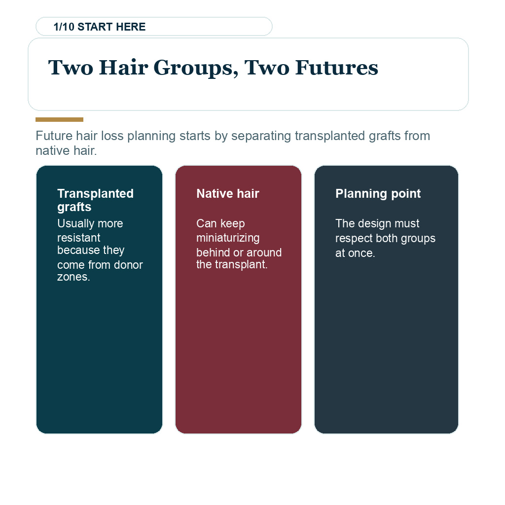Future hair loss after hair transplant, two hair groups, two futures.