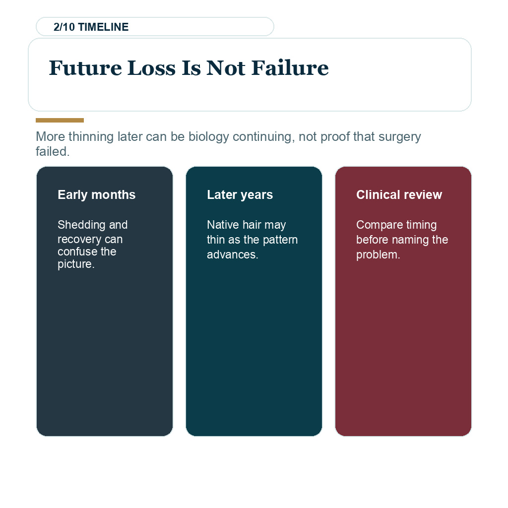 Future hair loss after hair transplant, future loss is not failure.