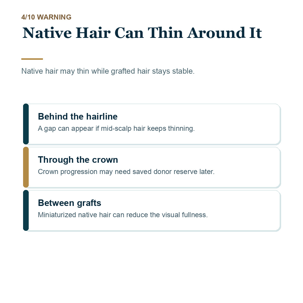 Future hair loss after hair transplant, native hair can thin around it.