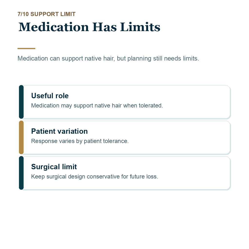 Future hair loss after hair transplant, medication limits.
