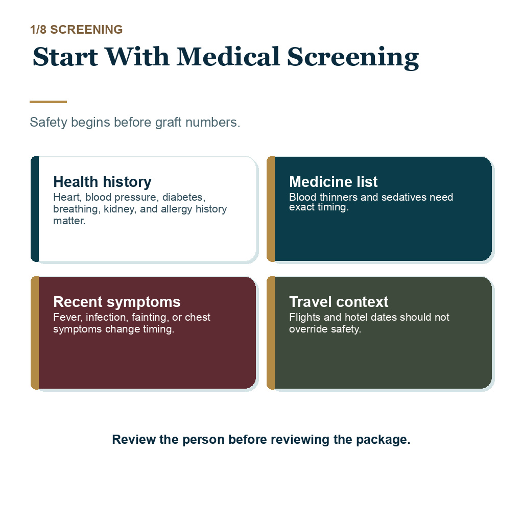 Hair transplant serious safety review explaining start with medical screening.
