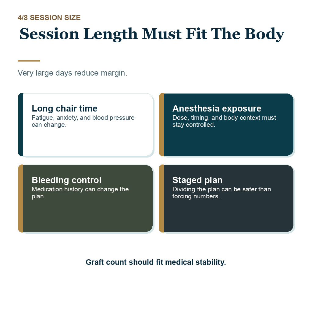 Hair transplant serious safety review explaining session length must fit the body.