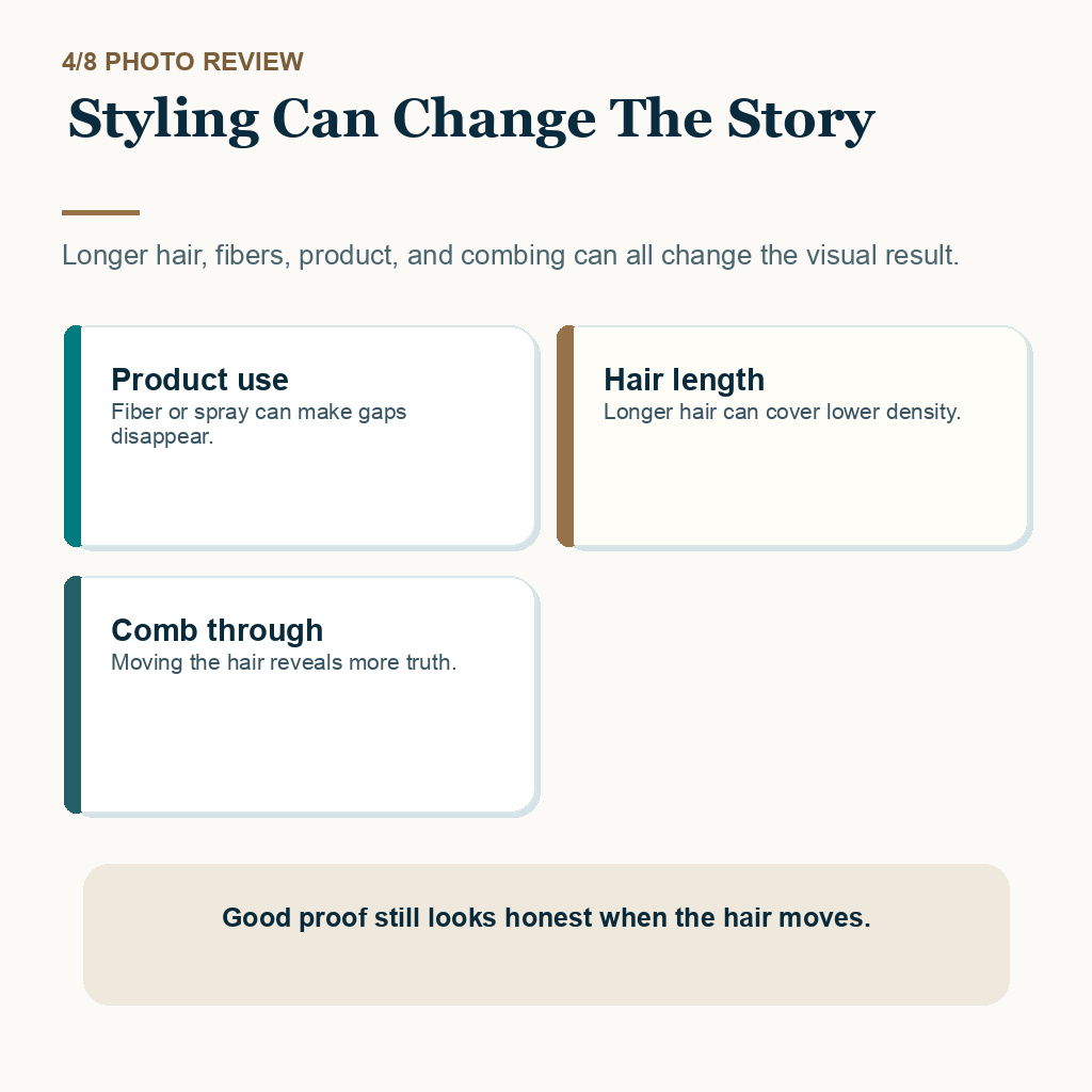 Hair transplant before and after photos carousel slide 4 about styling and product use