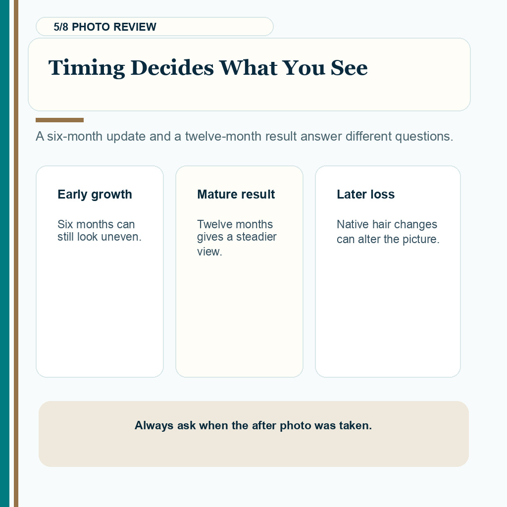Hair transplant before and after photos carousel slide 5 about timing and maturity of results