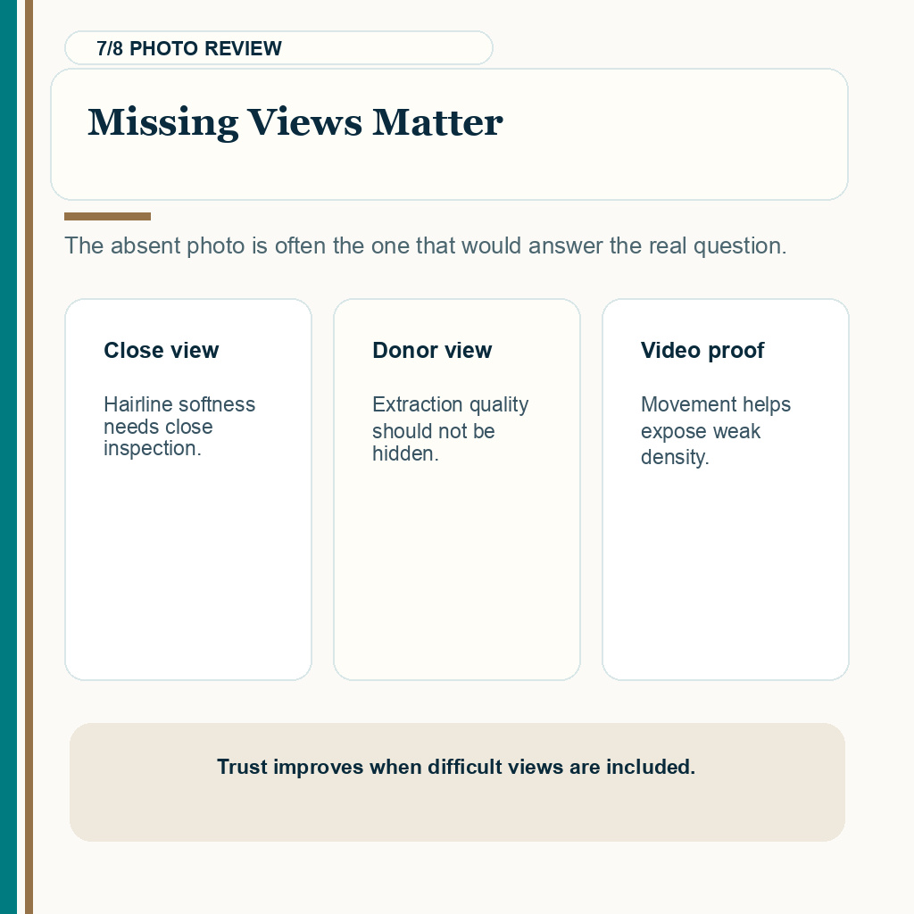 Hair transplant before and after photos carousel slide 7 about missing views and video proof