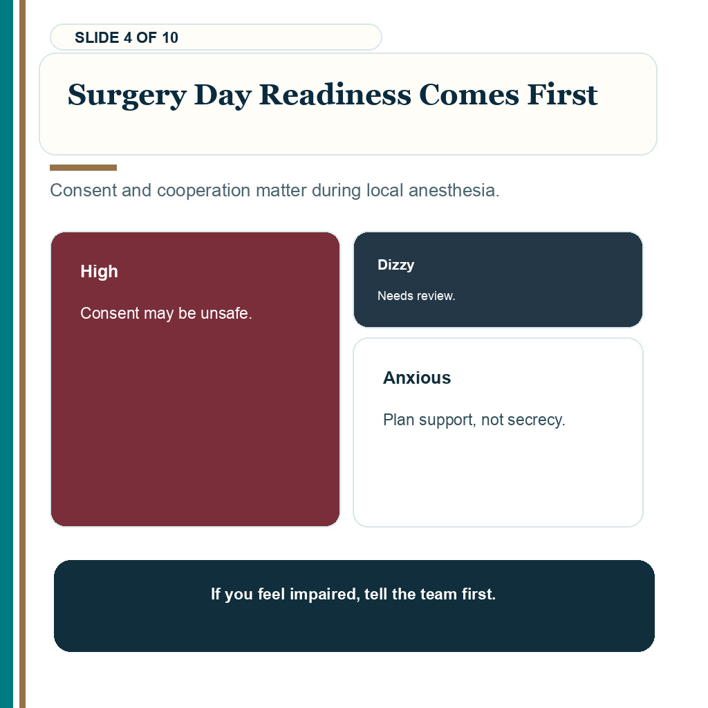 Cannabis before hair transplant support slide about surgery day readiness comes first.