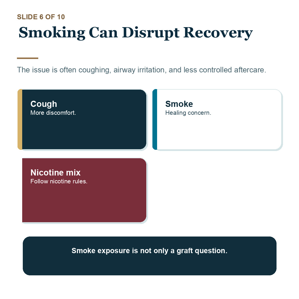Cannabis before hair transplant support slide about smoking can disrupt recovery.