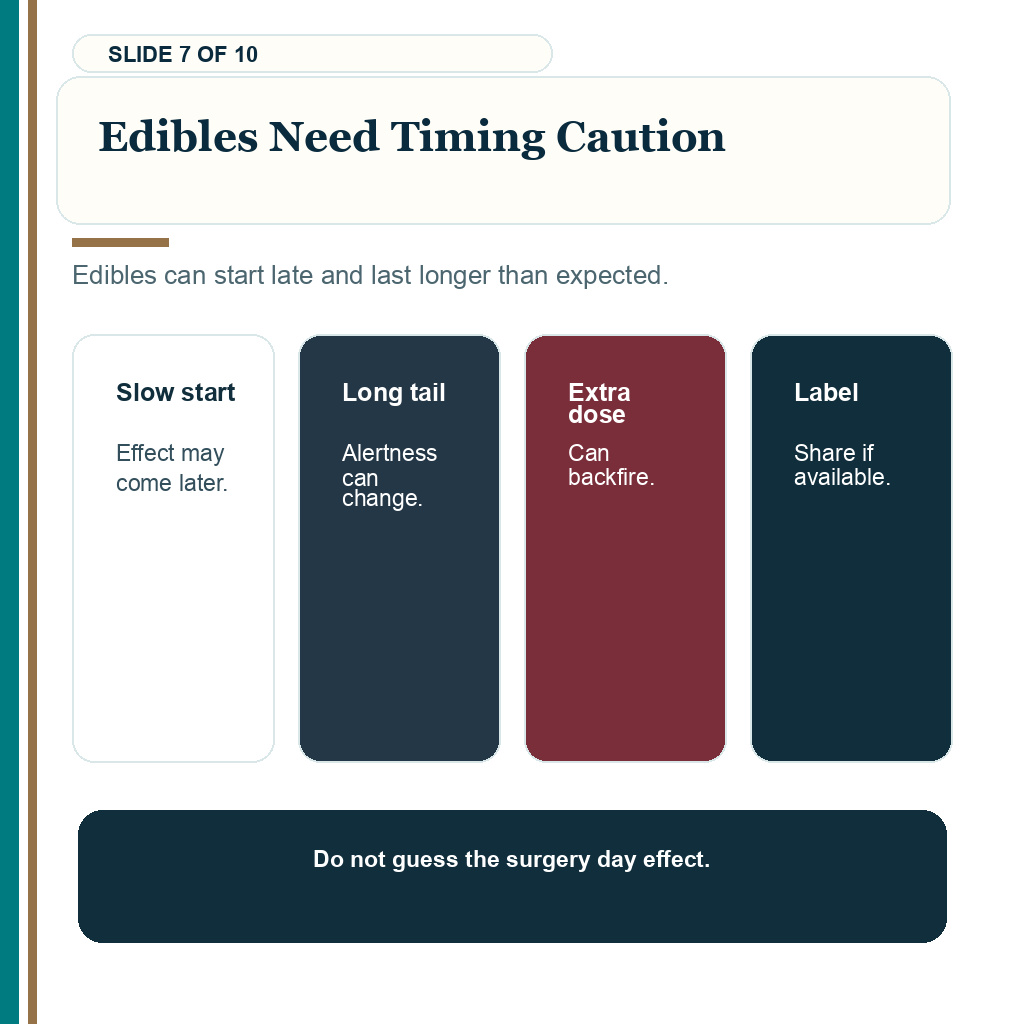 Cannabis before hair transplant support slide about edibles still need timing caution.