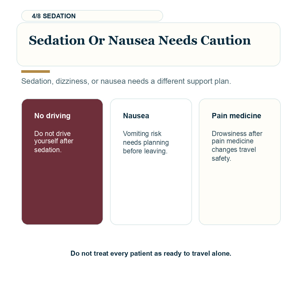 Car ride after hair transplant, sedation or nausea needs caution.