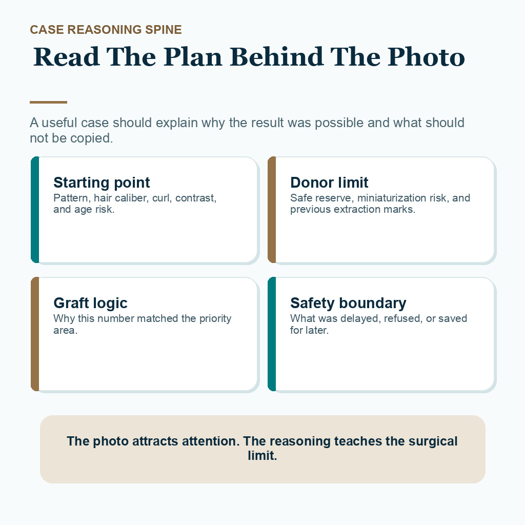 Information card showing the starting point, donor limit, graft logic, and safety boundary a hair transplant case should explain