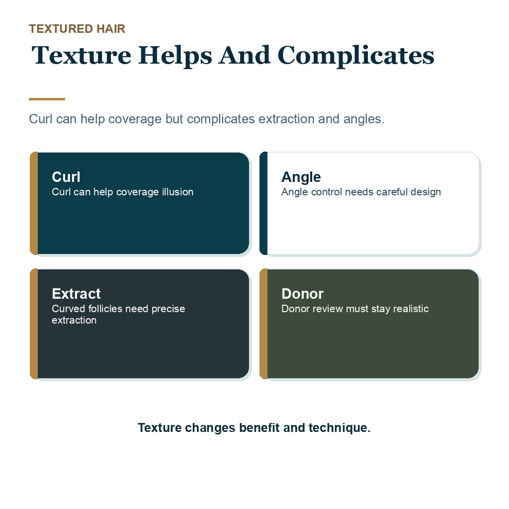 CCCA hair transplant planning slide 7 explaining texture helps and complicates