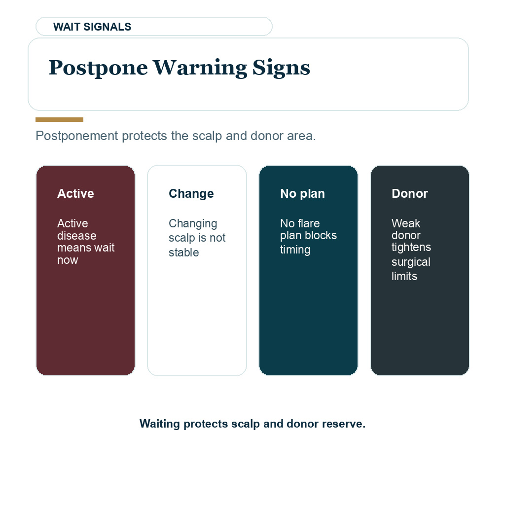 CCCA hair transplant planning slide 8 explaining postpone warning signs
