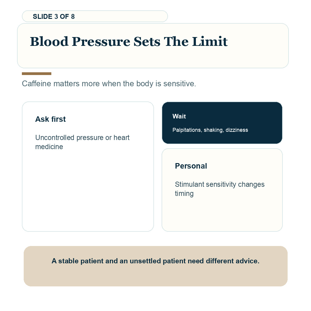 Coffee after hair transplant carousel slide about blood pressure palpitations and caffeine limits
