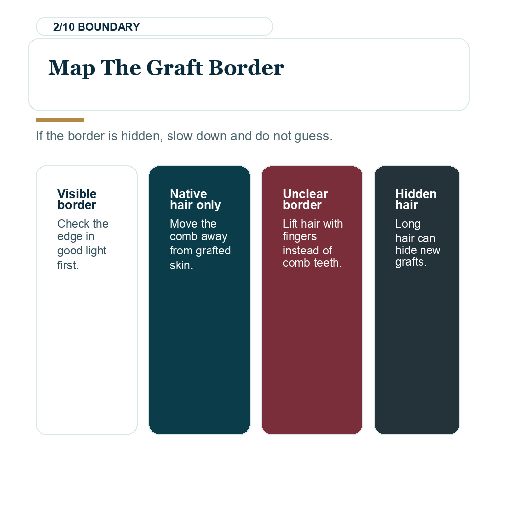 Comb hair after hair transplant slide 2 explaining map the graft border.