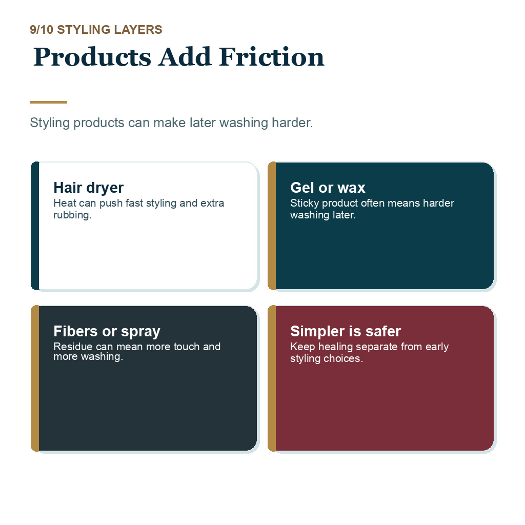 Comb hair after hair transplant slide 9 explaining products add friction.