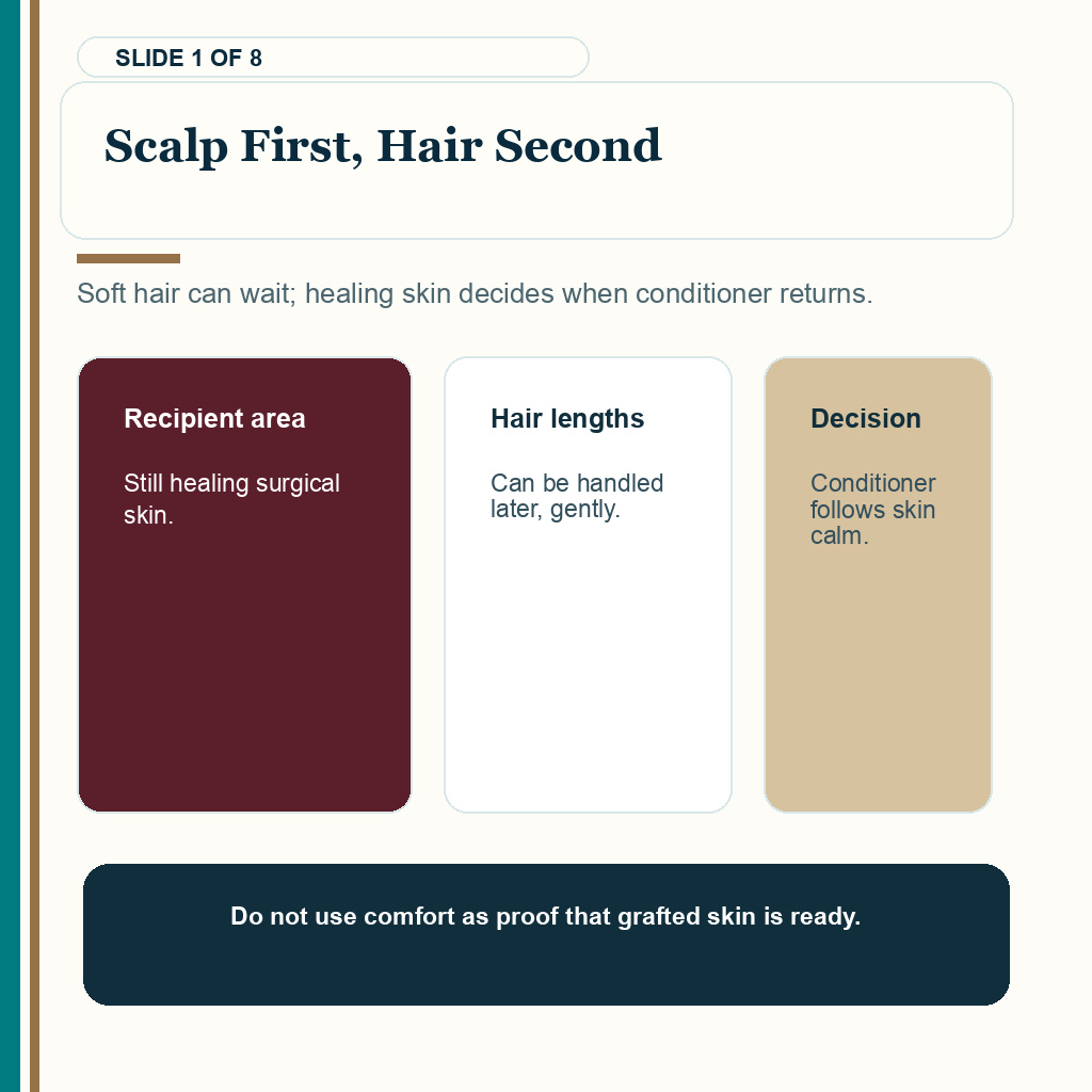 Conditioner after hair transplant carousel slide 1 about scalp first, hair second.