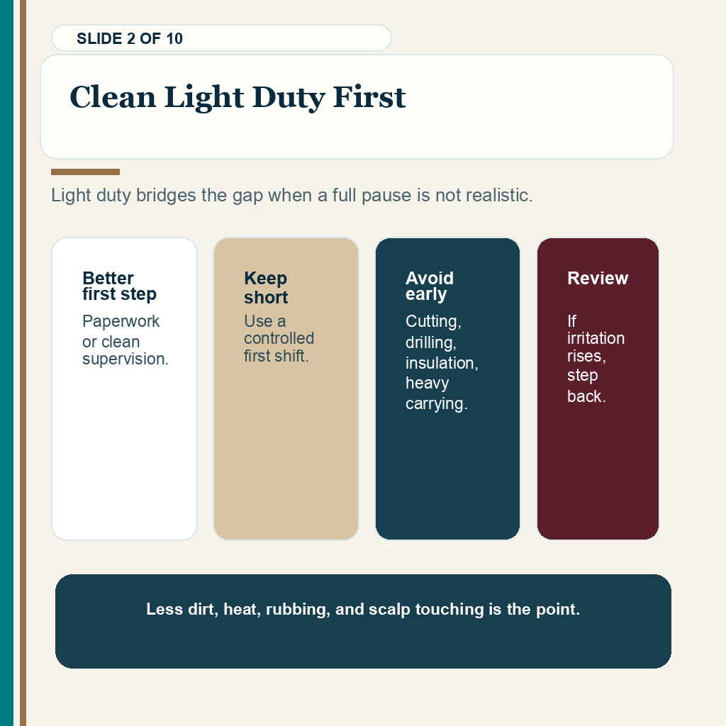 Construction work after hair transplant carousel slide 2 about clean light duty first.