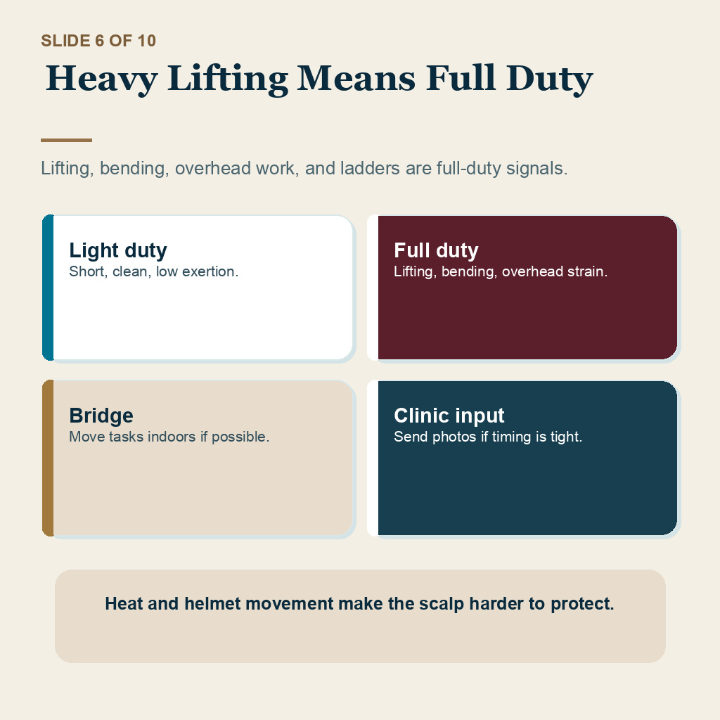 Construction work after hair transplant carousel slide 6 about heavy lifting means full duty.