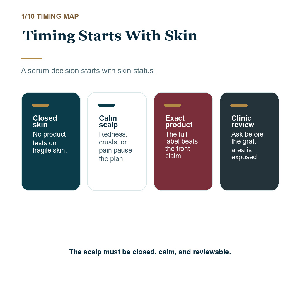 Carousel slide about timing starts with skin when considering copper peptide serum after a hair transplant.