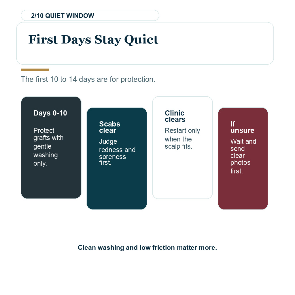 Carousel slide about first days stay quiet when considering copper peptide serum after a hair transplant.