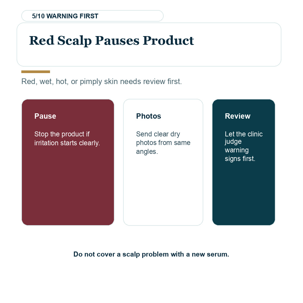 Carousel slide about red scalp pauses product when considering copper peptide serum after a hair transplant.