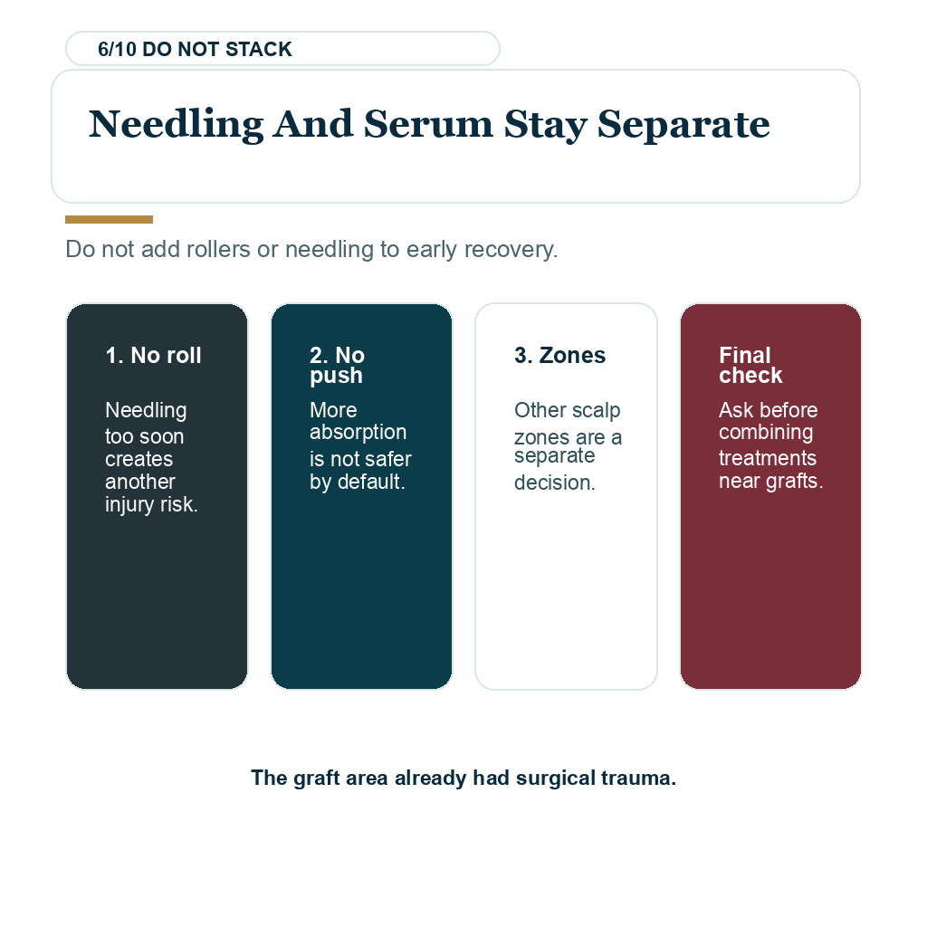 Carousel slide about needling and serum stay separate when considering copper peptide serum after a hair transplant.