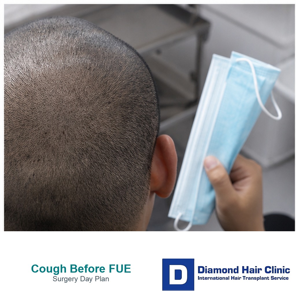 Posterior scalp and surgical mask context before FUE cough planning