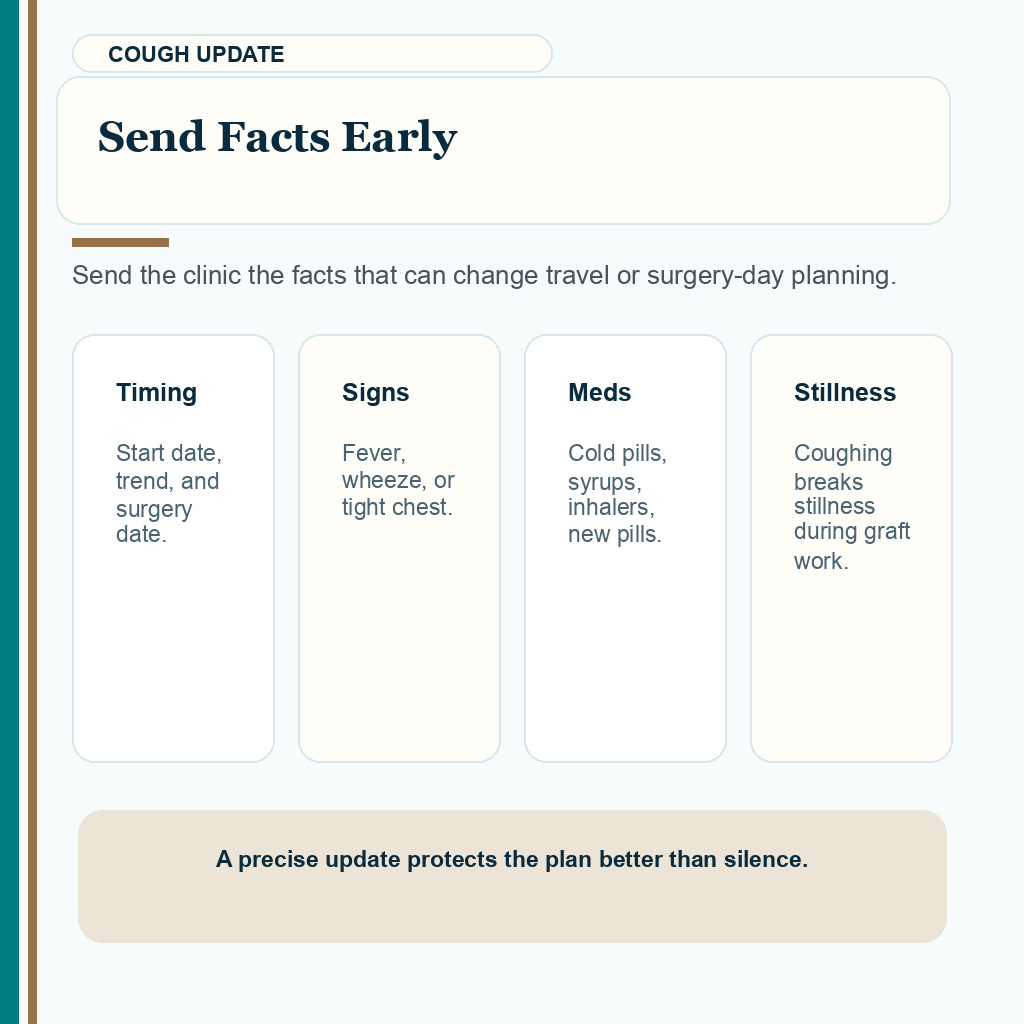 Support visual showing timing symptoms medicines and stillness details to send before FUE
