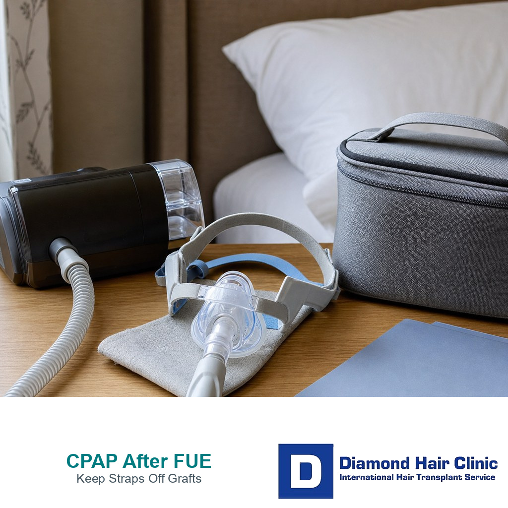 CPAP machine mask hose and travel case prepared beside a bed before FUE recovery sleep