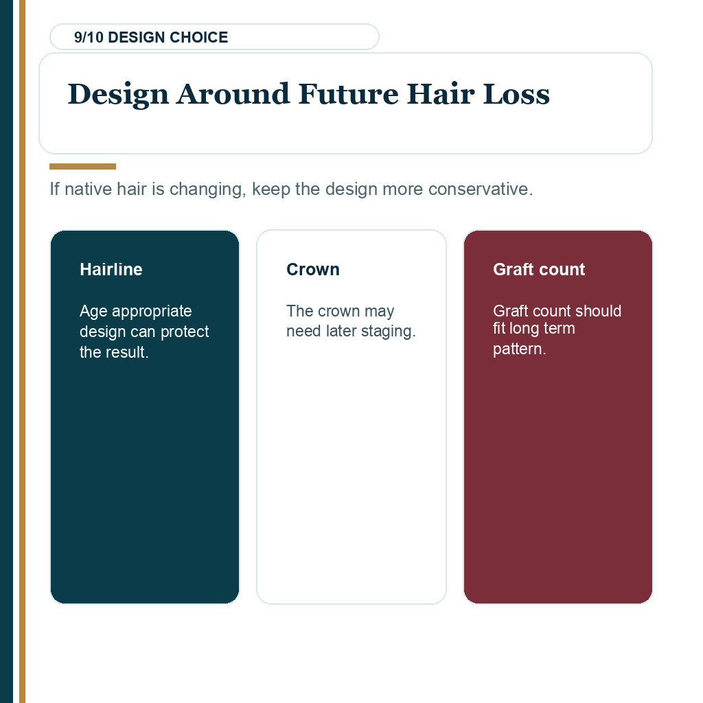 Creatine before FUE planning slide 9 about design around future hair loss.