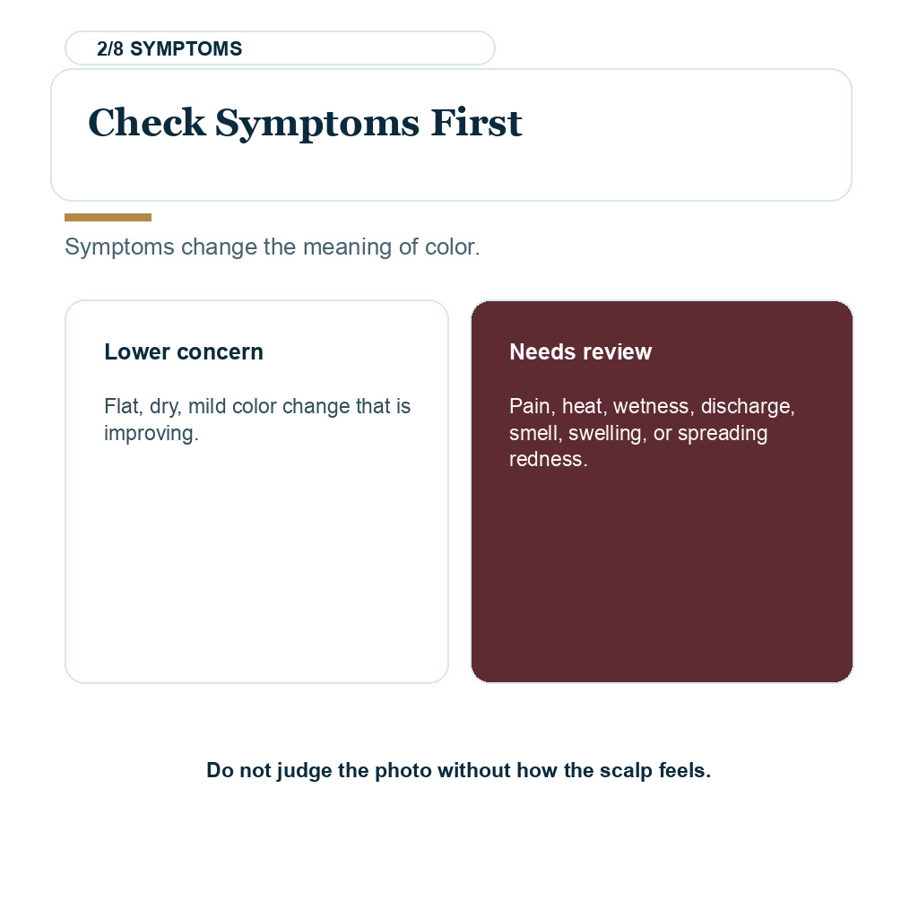 Darker recipient area after FUE carousel slide 2 explaining check symptoms first
