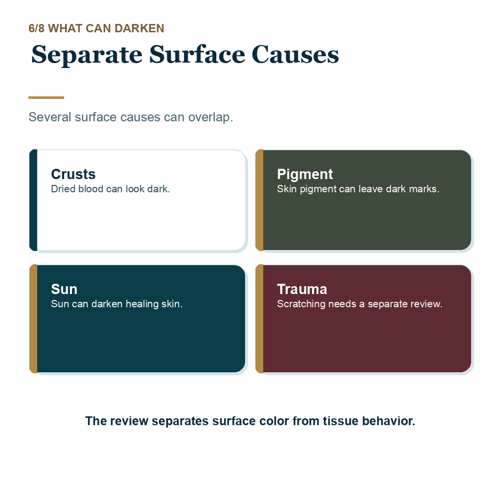 Darker recipient area after FUE carousel slide 6 explaining separate surface causes