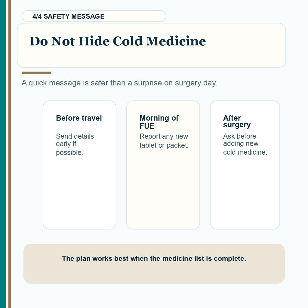 Decongestants before FUE carousel slide 4 about do not hide cold medicine.