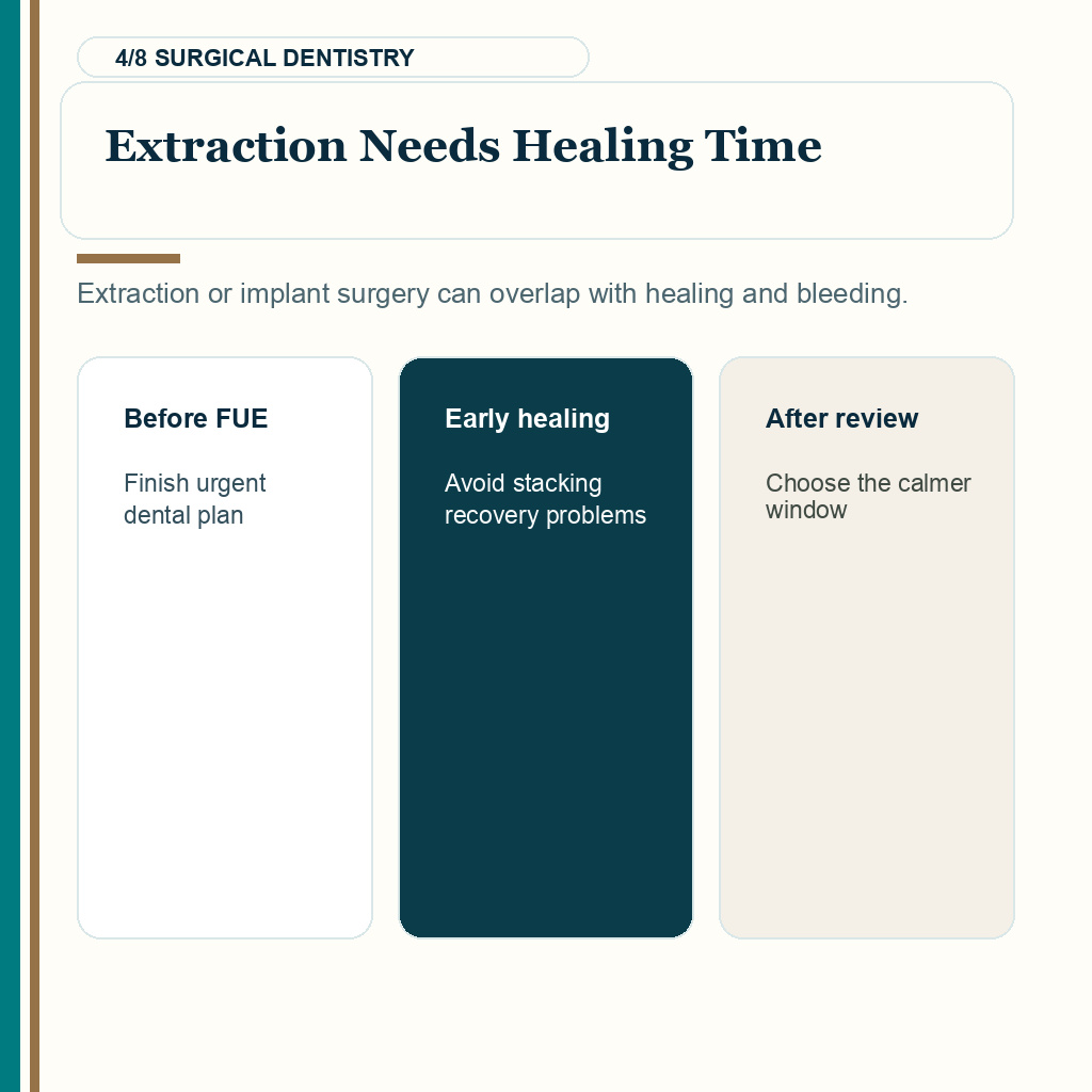 Dental work timing, extraction needs healing time.