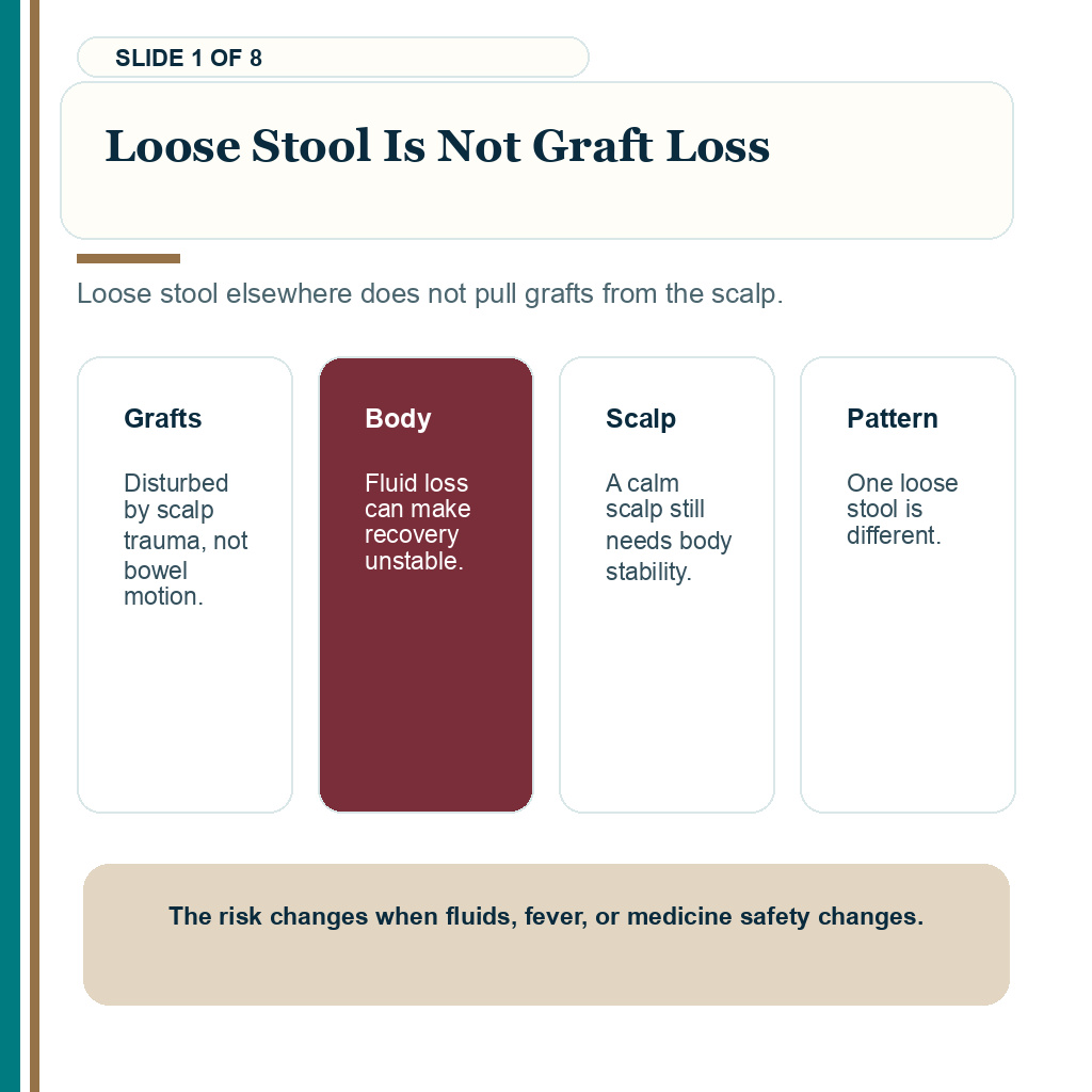 Loose stool is not graft loss for diarrhea after hair transplant recovery.