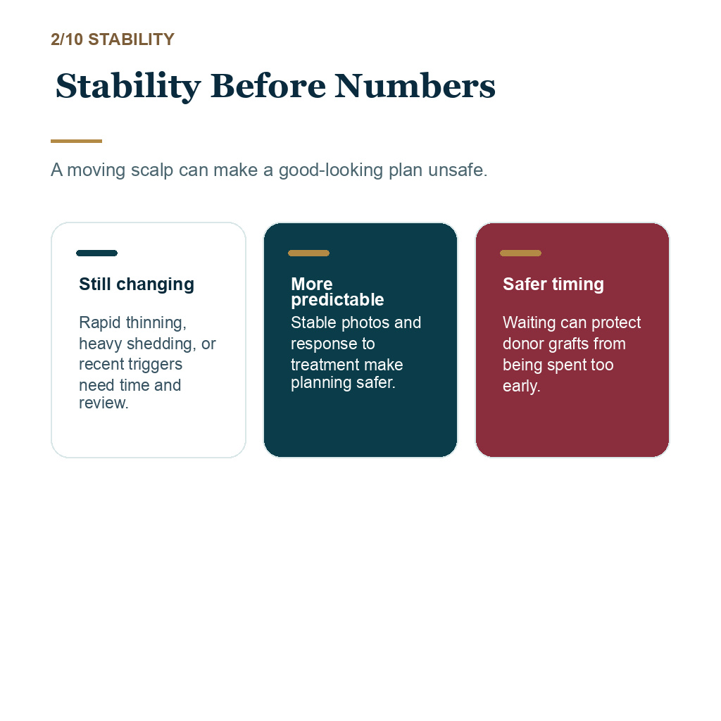 Diffuse thinning hair transplant planning slide 2 about stability before numbers.