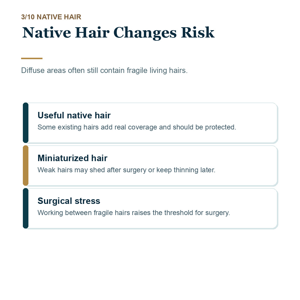 Diffuse thinning hair transplant planning slide 3 about native hair changes risk.