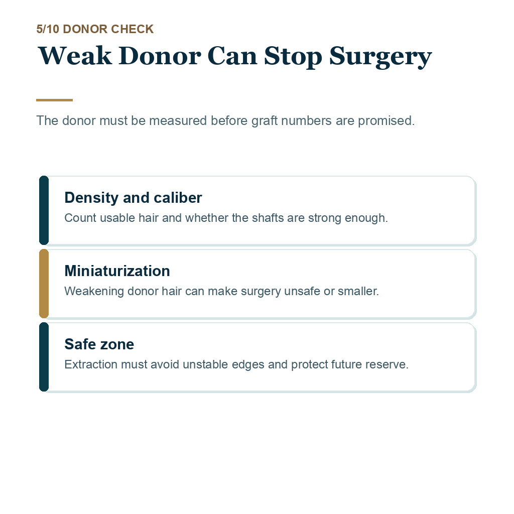 Diffuse thinning hair transplant planning slide 5 about weak donor findings stopping surgery.
