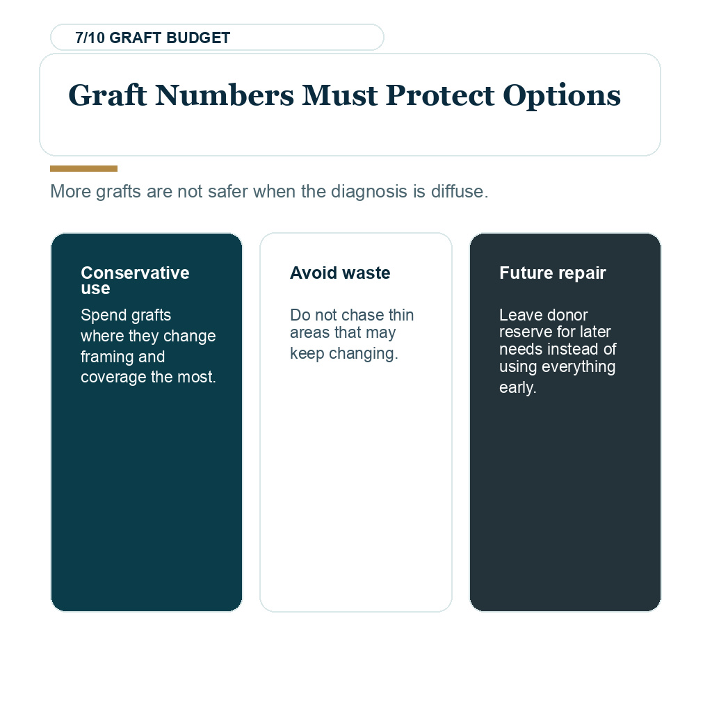 Diffuse thinning hair transplant planning slide 7 about graft numbers must protect options.