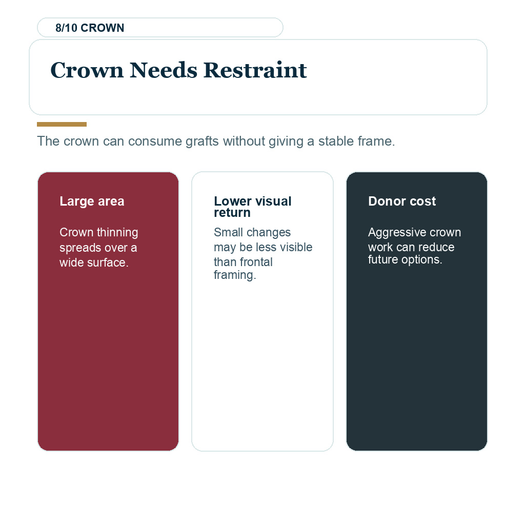 Diffuse thinning hair transplant planning slide 8 about crown restraint.