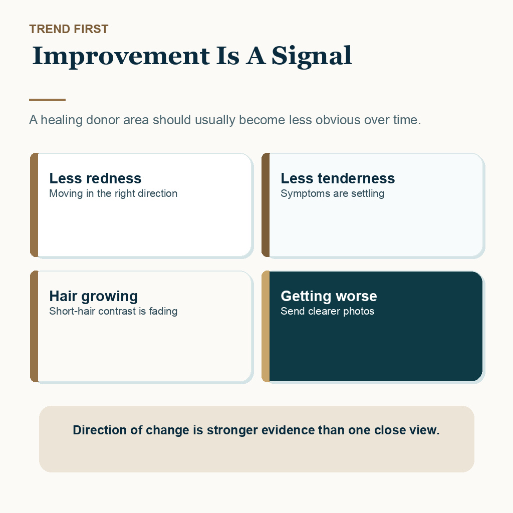 Donor area after FUE slide explaining improvement is a signal