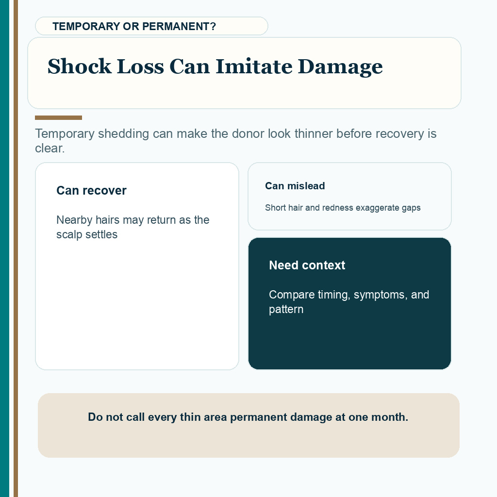 Donor area after FUE slide explaining shock loss can imitate damage