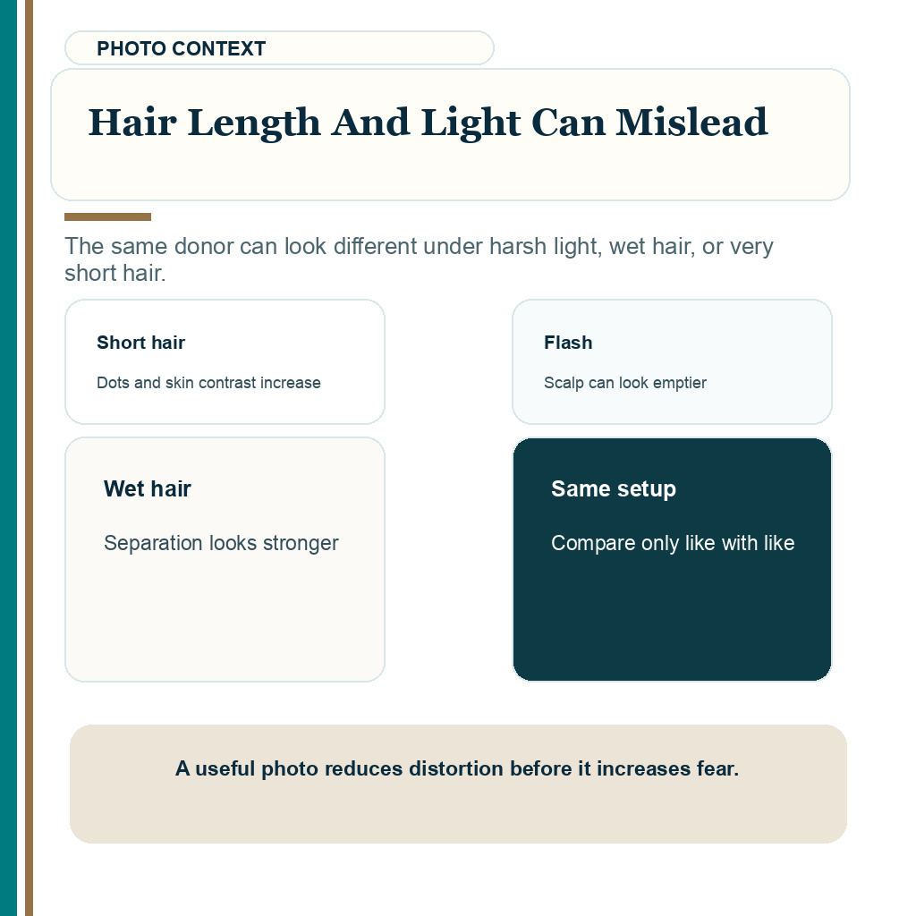 Donor area after FUE slide explaining hair length and light can mislead